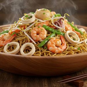 Mixed Seafood Chow Mein with Vegetables in Sauce